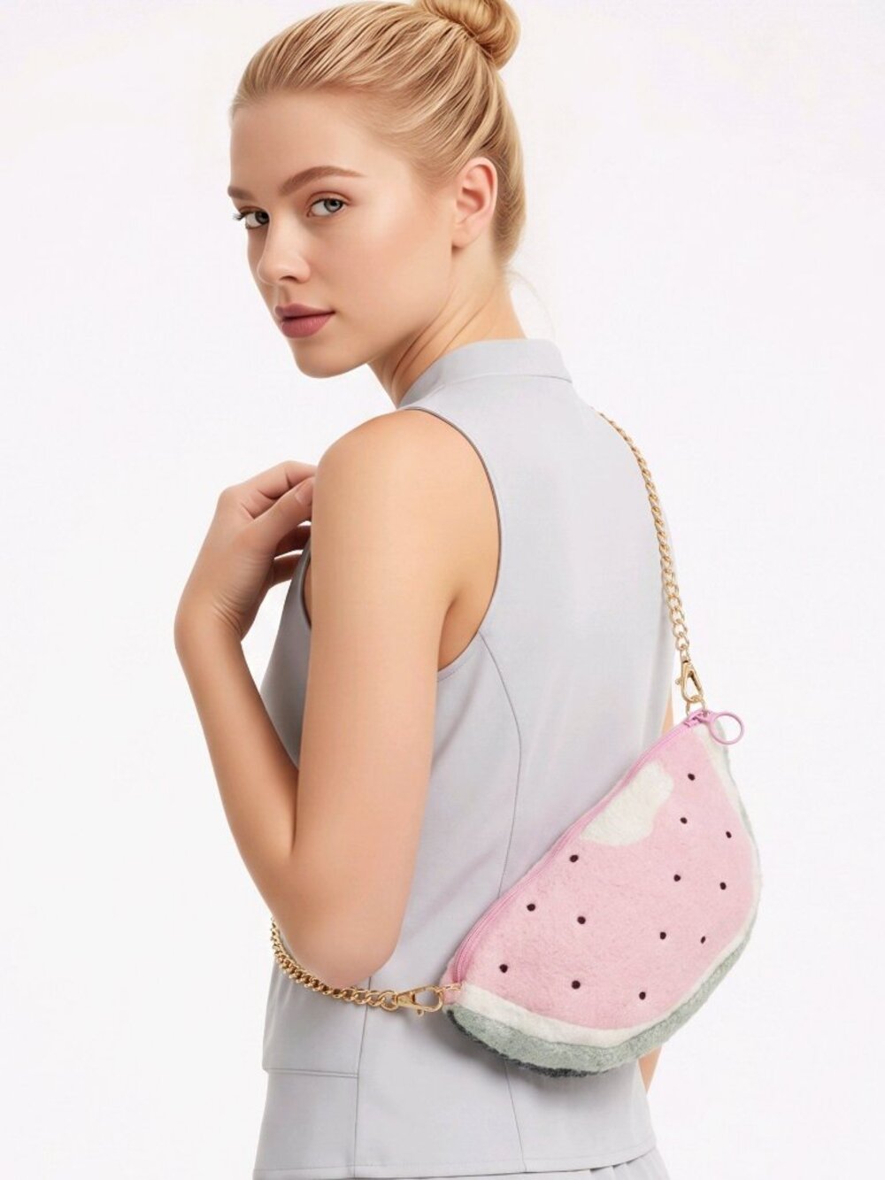 Dolls Kill ✦ Half Watermelon Plush Crossbody Bag ✦ Pink & Green Gold Chain NWT